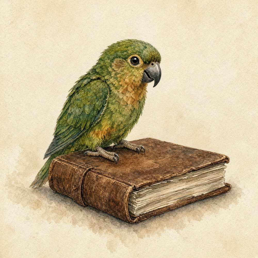 Watercolor of Pax, a green and amber companion bird on a travel journal
